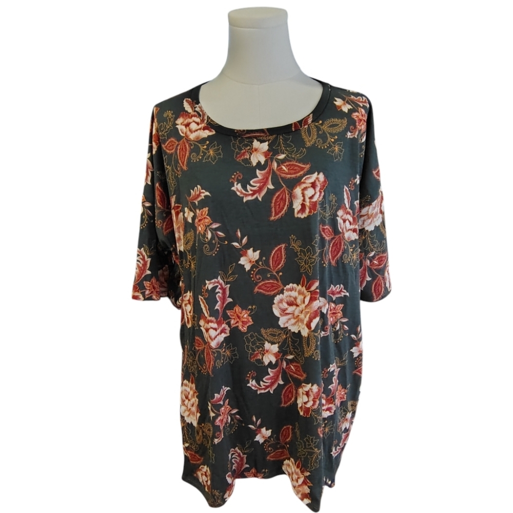 LuLaRoe Forest Green Pink and Gold Rose Floral High Low Tunic Tee Size Large